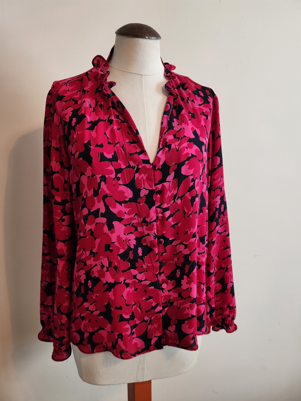 J. Crew Hot Pink & Black Floral V-Neck Blouse